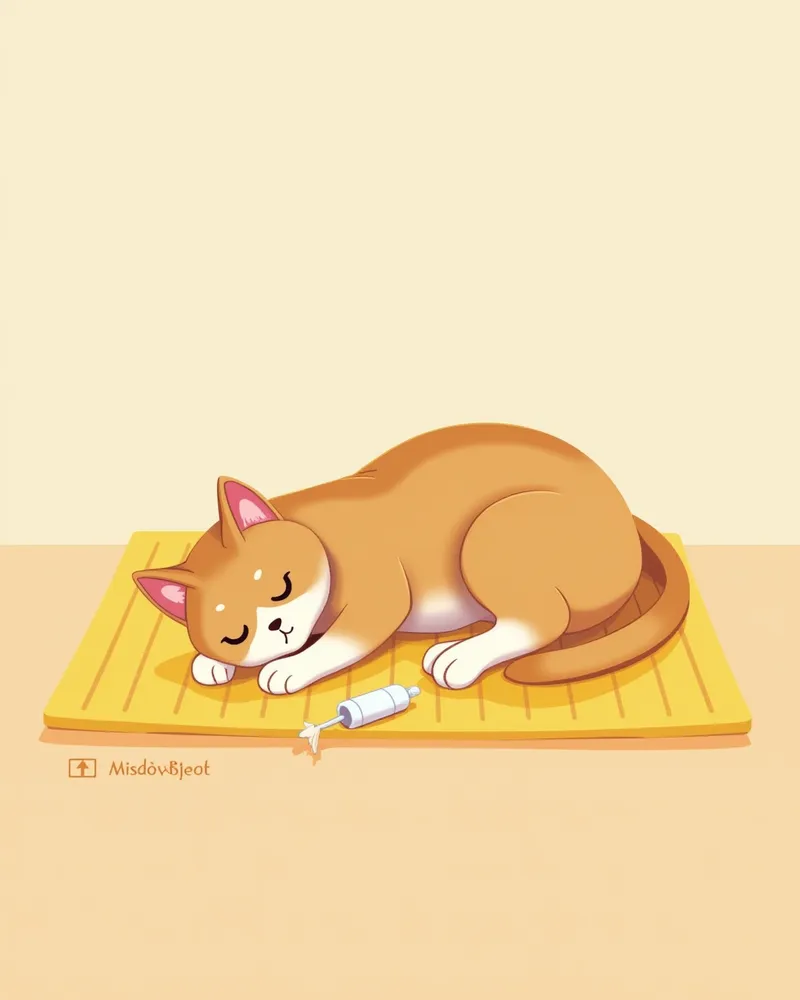 구강 관리 도구 옆에서 편안히 누운 고양이