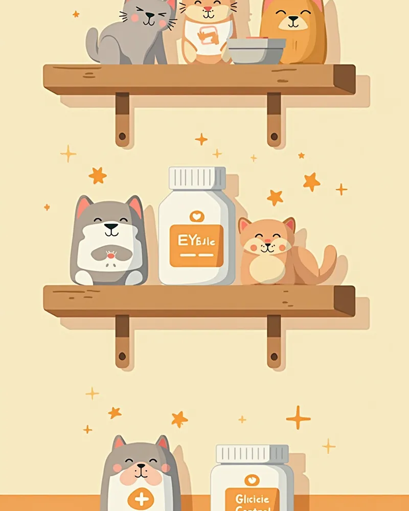 정리된 책상 위에 세 가지 고양이 영양제가 놓인 모습