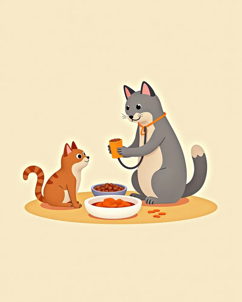 수의사가 어린 고양이, 성견 고양이, 노령 고양이를 진찰하며 각각의 식이를 고려하는 모습