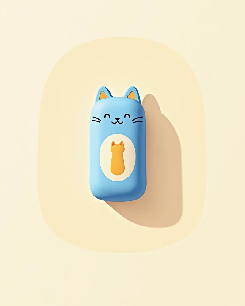 파란 캡슐 병에 고양이 모양 라벨이 붙은 제품