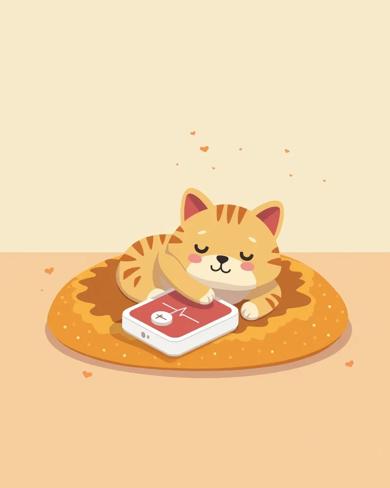 고양이 침대 위에 놓인 휴대용 심전도 기기와 스마트폰 앱 화면