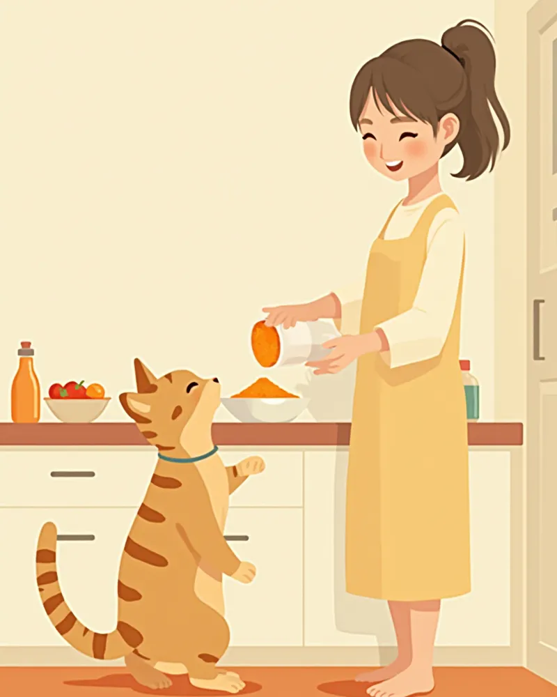 보호자가 고양이 사료에 영양제 파우더를 섞는 모습