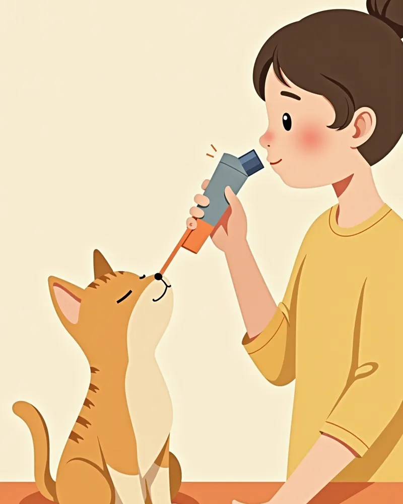 고양이에게 흡입기 마스크를 올바르게 씌우는 모습