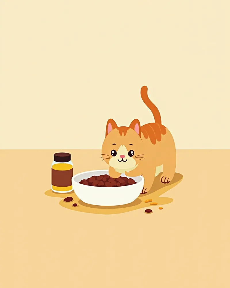 고양이의 사료 그릇 옆에 액상 보조제 병이 놓인 모습, 자연광 아래 편안한 분위기