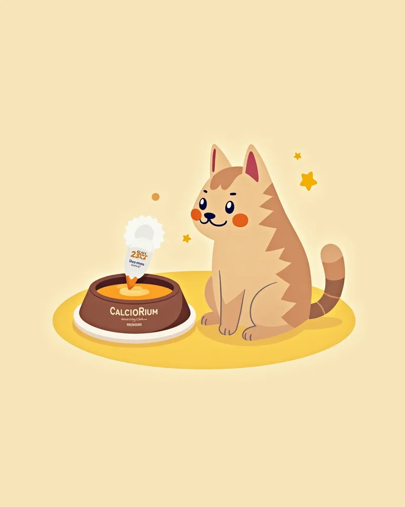 칼시오리움 프리미엄 캡슐 제품과 고양이 사료가 함께 있는 이미지