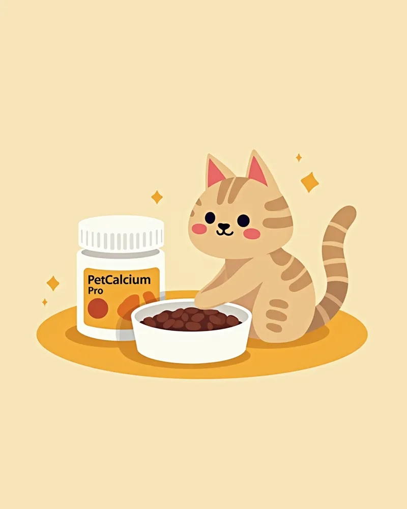 펫칼슘 프로 분말 제품과 고양이 사료가 함께 있는 이미지