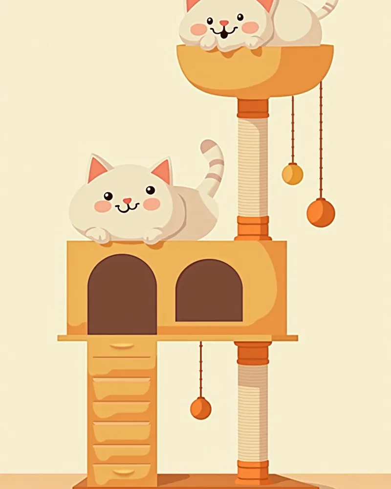 숨는 공간과 장난감이 있는 고양이 나무의 세부 디테일