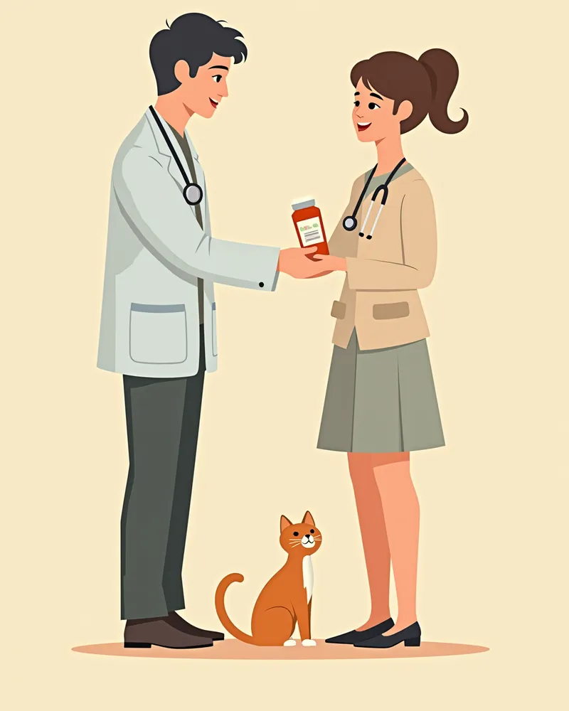 수의사가 고양이 약물 치료 처방을 설명하는 장면