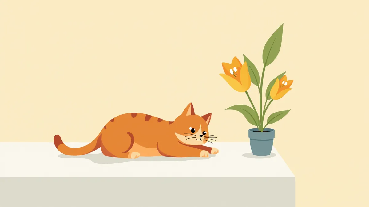 수의사 진료 중인 고양이, 배경에 백합 식물이 있는 이미지