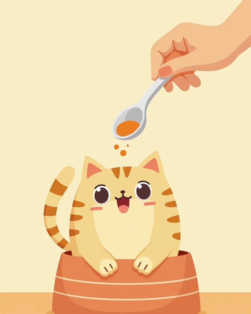 고양이 사료 위에 천연 성분 분말을 뿌리는 모습