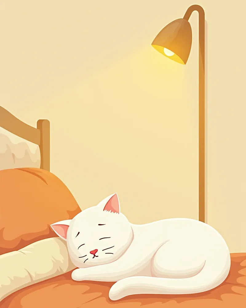 야간등 옆에서 편안히 자는 노령 고양이