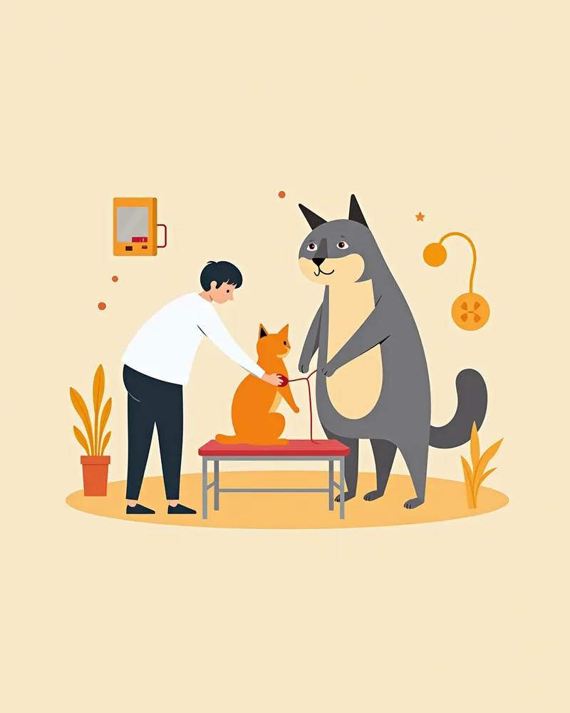 수의사가 고양이를 안정적으로 다루며 혈액 채취 중, 포인트 오브 케어 장비가 옆에 있음