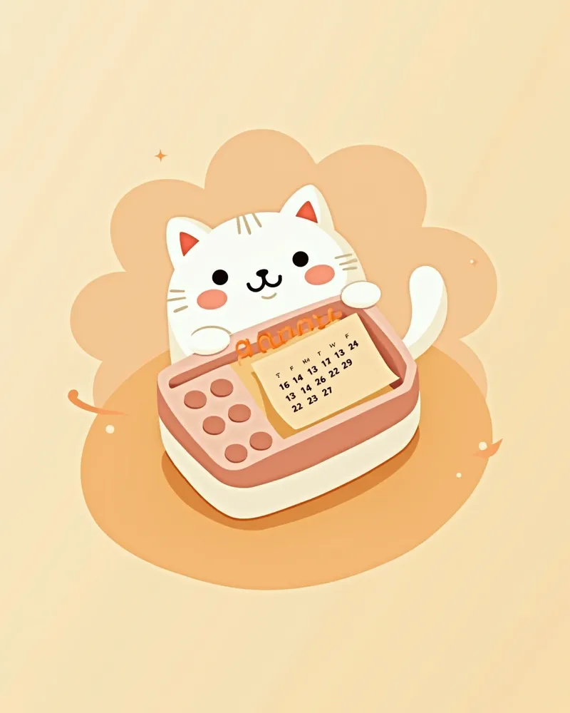 고양이 모양의 보관함에 6개의 심장 마커 검사 키트가 들어 있고, 월간 체크업 일정이 적힌 캘린더