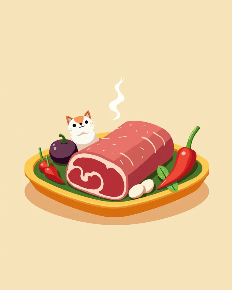 생식 고양이 사료를 위한 신선한 재료들이 정리된 장면