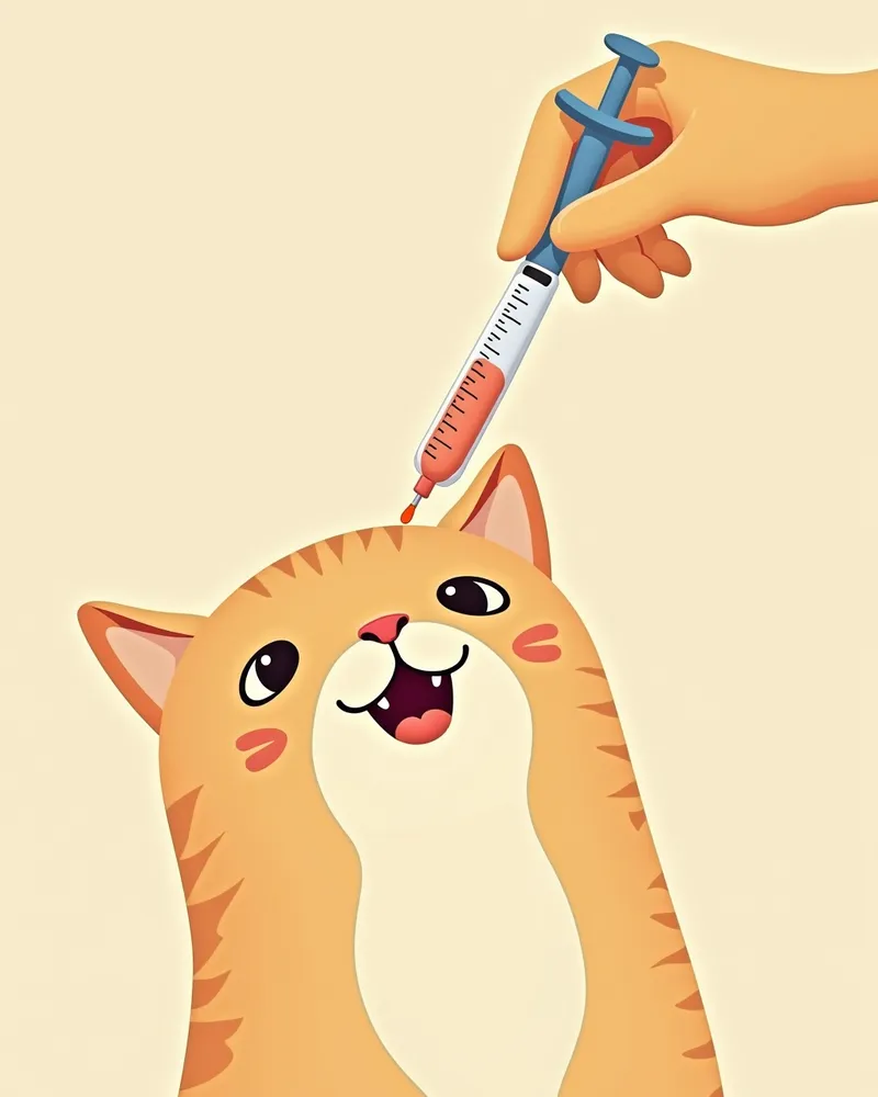 수의사가 고양이 입안에 액상 기생충 퇴치제를 주입하는 모습