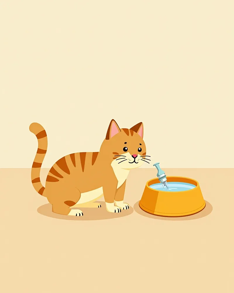 고양이 액상 보충제 병과 고양이가 물을 마시는 모습