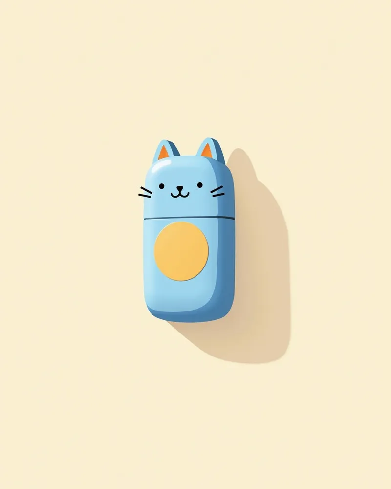 파란 캡슐 병, 라벨에 고양이 모양