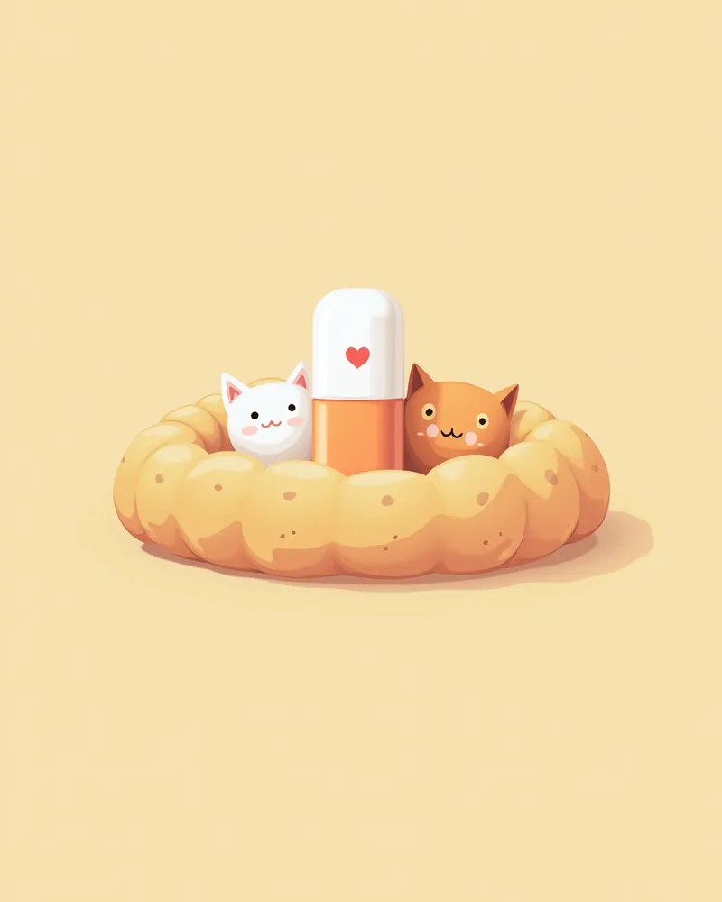 하얀 캡슐, 뚜껑에 심장 모양, 고양이 침대 위