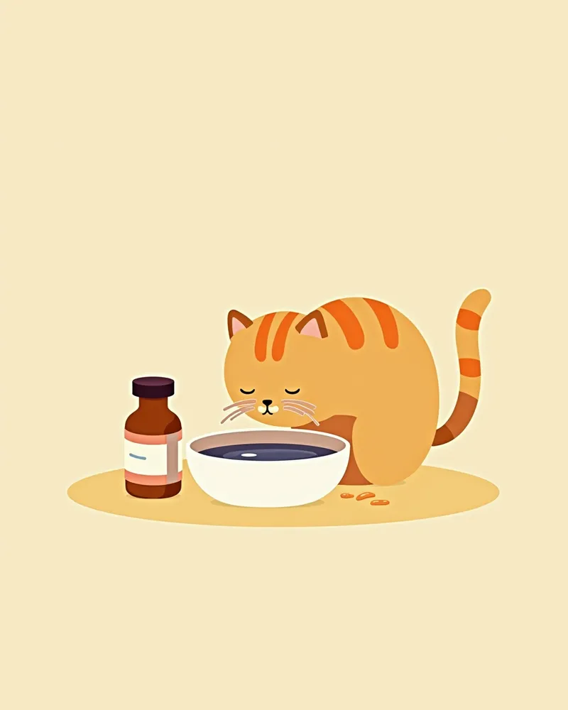 고양이가 물을 마시는 모습, 옆에 약 병