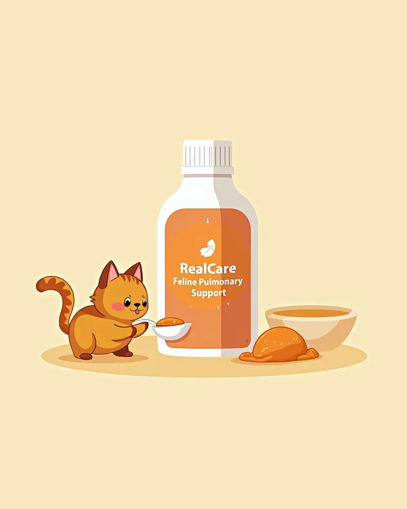 고양이 폐부종 전용 영양제 리얼케어 제품과 고양이가 먹는 모습