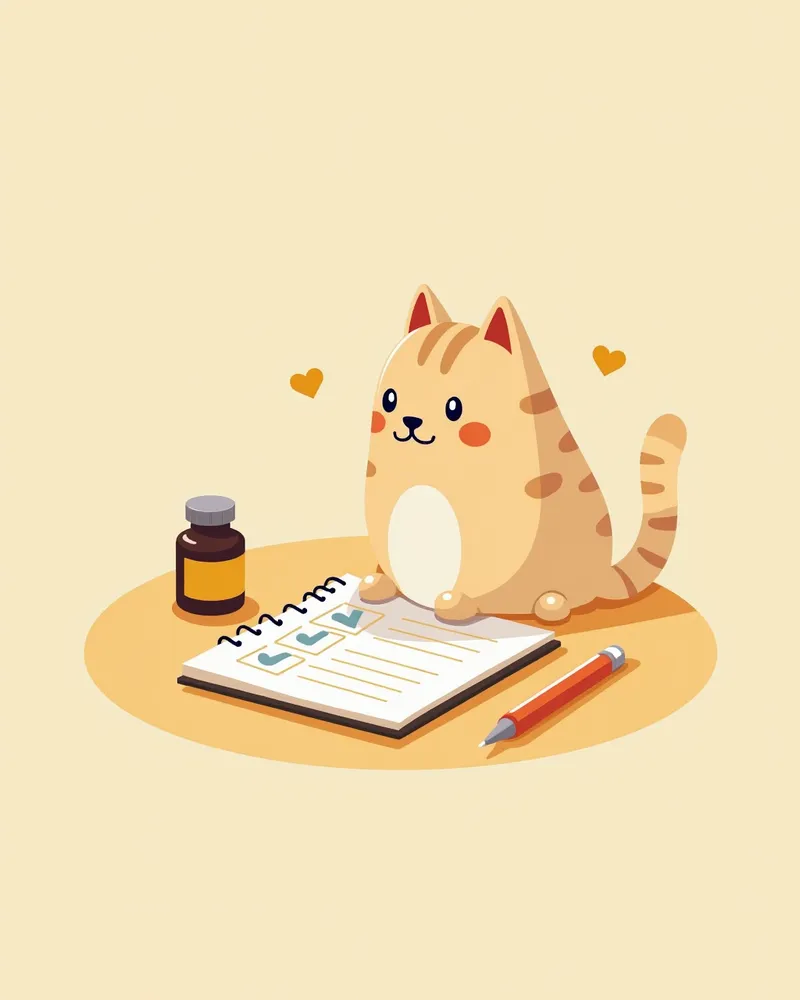 고양이 건강 기록부, 펜, 보조제 병이 있는 모습, 따뜻한 빛이 감싸고 있음