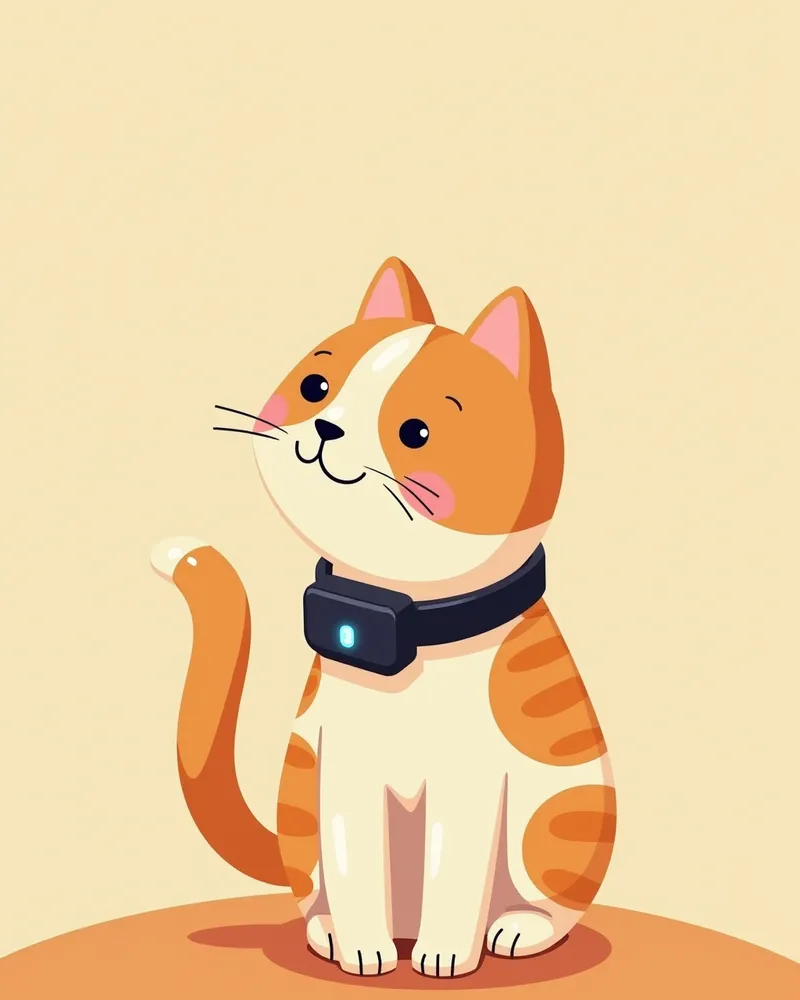 고양이 목걸이에 부착된 검정색 세련된 모니터 장치, 파란 LED 조명