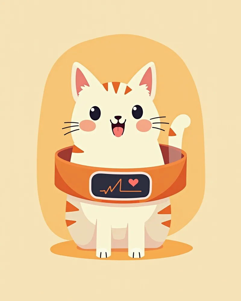 고양이 허리에 착용된 부드러운 밴드형 모니터 장치, 디지털 화면에 심장 박동과 호흡수 표시