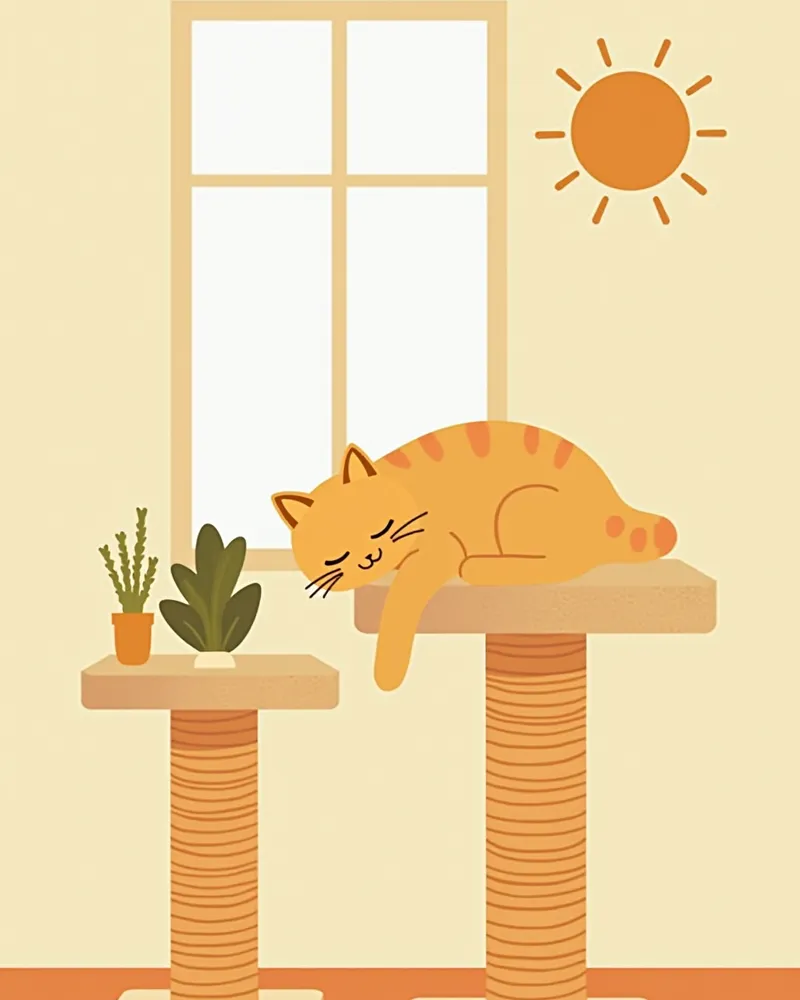 창가 캣타워에서 여유롭게 쉬고 있는 고양이