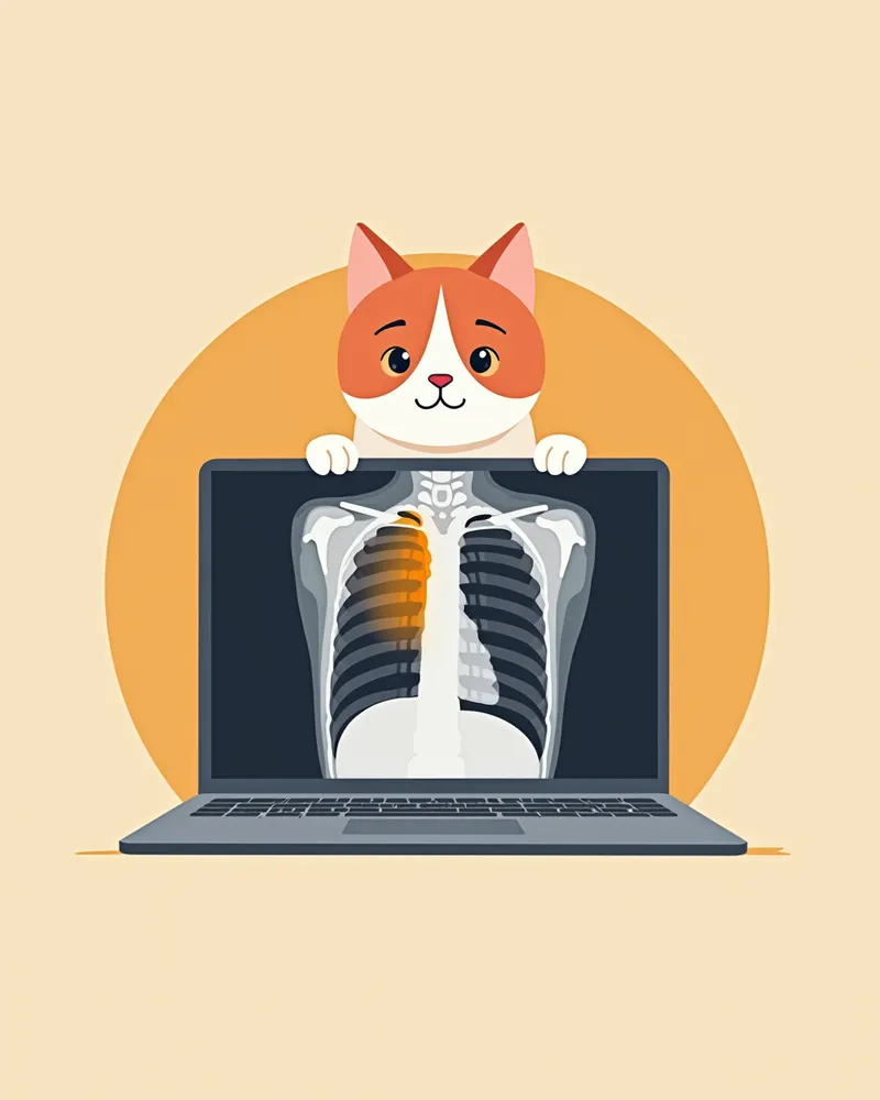 VetView Pro 소프트웨어가 고양이 흉부 X선에 AI 분석 결과를 오버레이하는 화면