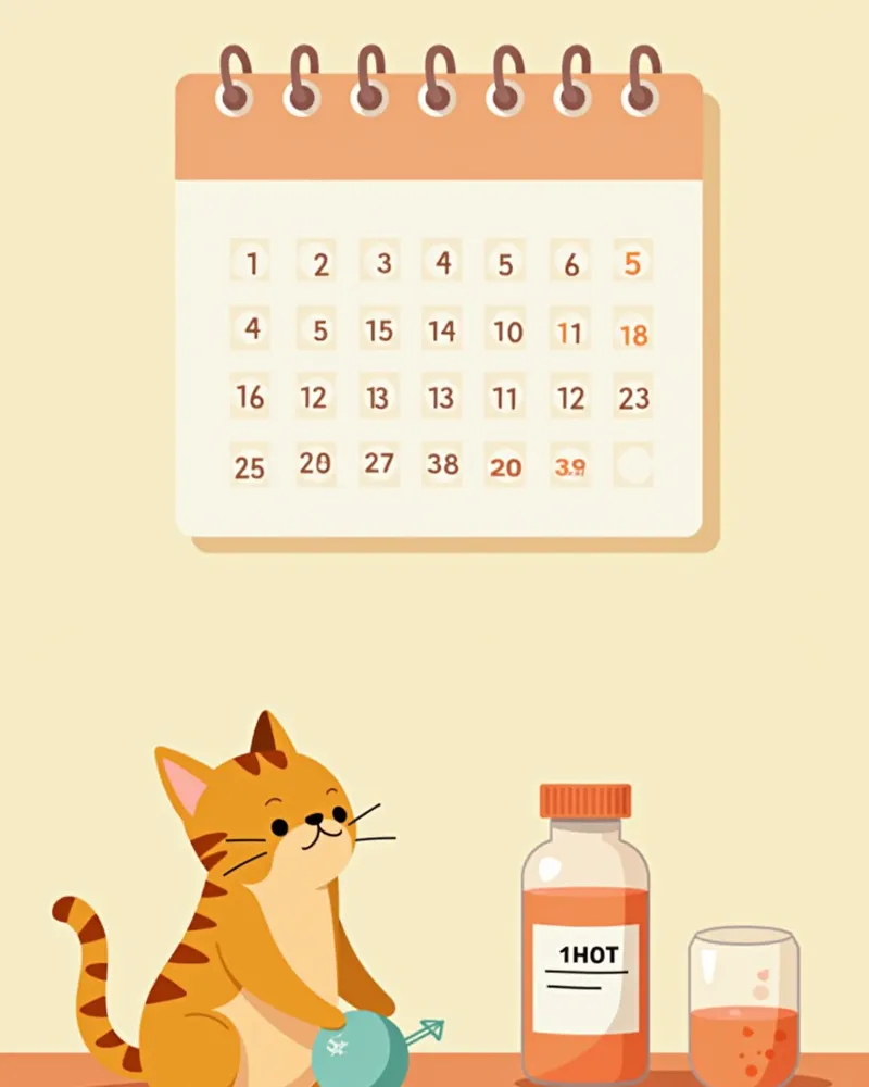 6개월마다 검진을 위한 캘린더, 고양이 놀이, 혈액 검사용 튜브가 있는 사진