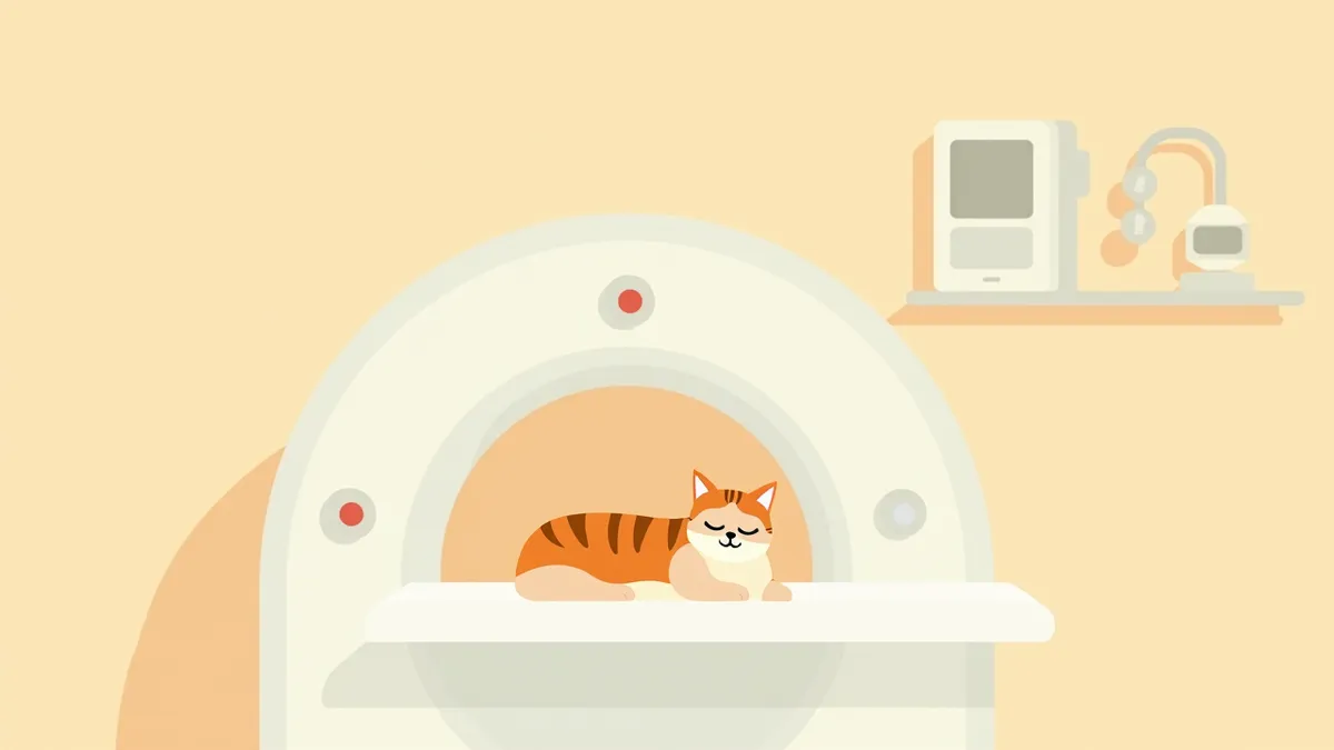 수의사가 고양이를 MRI 검사 중인 모습