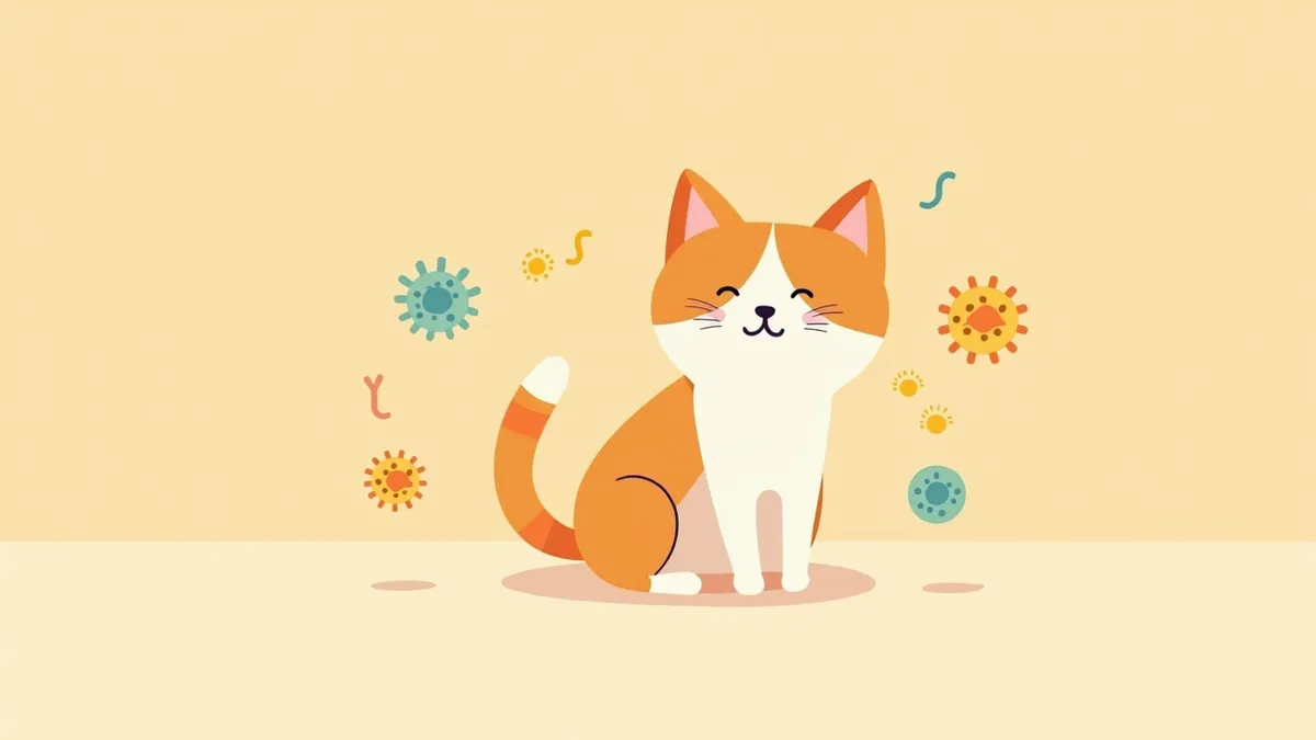고양이 주변에 면역 세포와 항체가 암세포를 공격하는 시각적 표현