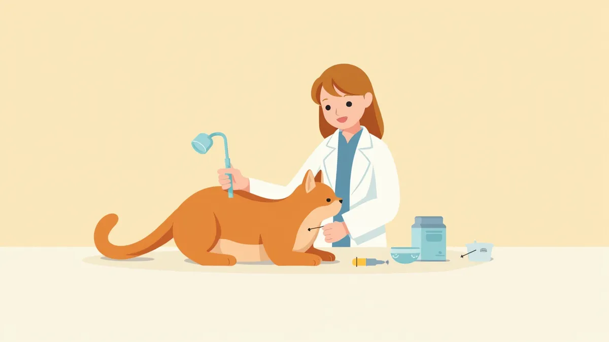 수의사가 고양이 요도 카테터 삽입 전 준비 중