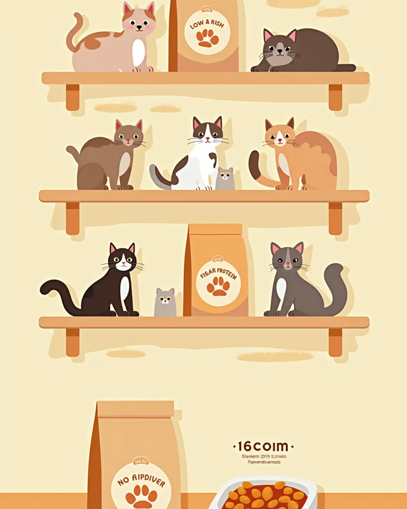 비만 예방용 고양이 사료 5종이 정리된 모습