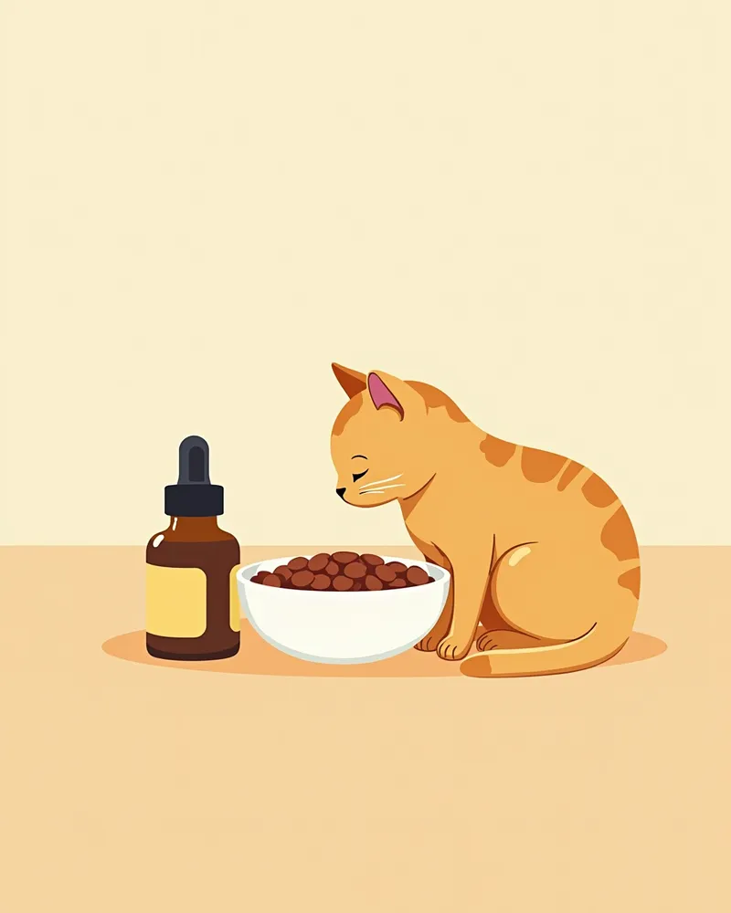고양이 사료와 함께 놓인 액상 기생충 예방제 병