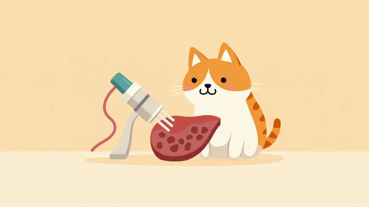고양이 간 조직의 현미경 사진, 건강한 세포와 손상된 세포가 함께 보임