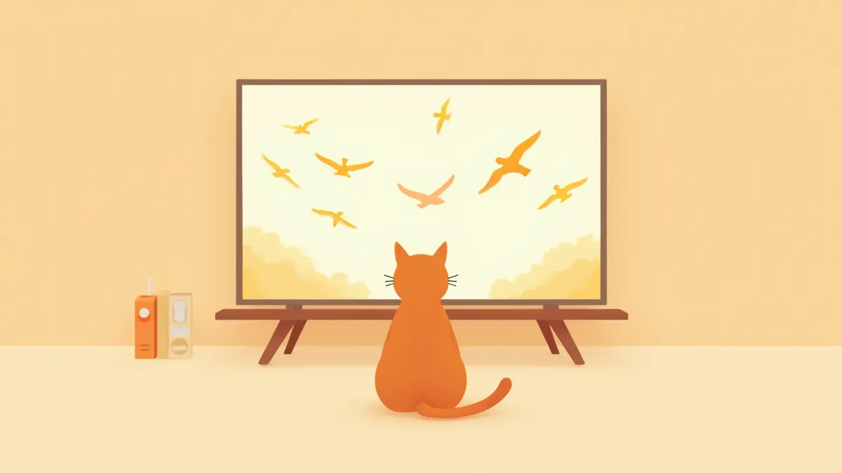 TV 화면 속 새를 바라보는 집중한 태비 고양이