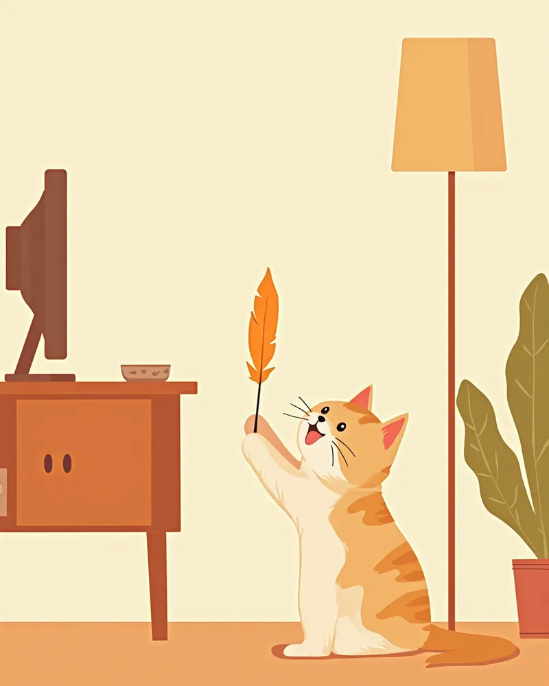 영상 시청 후 깃털 장난감으로 노는 고양이