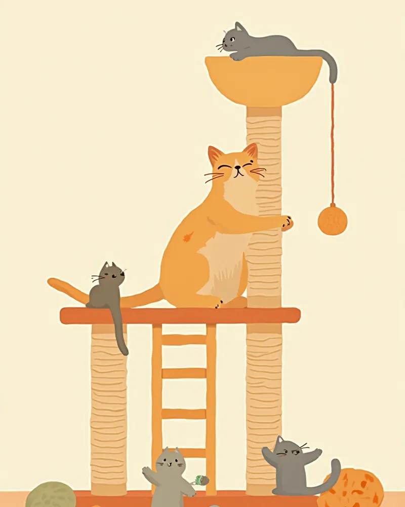 캣타워와 다양한 장난감 사이에서 노는 고양이