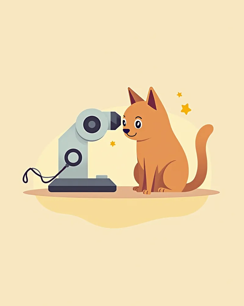 수의사가 슬릿 램프를 이용해 고양이 눈을 검사하는 모습