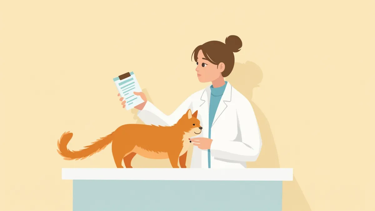 수의사가 고양이 옆에서 혈액검사 결과지를 확인하는 모습