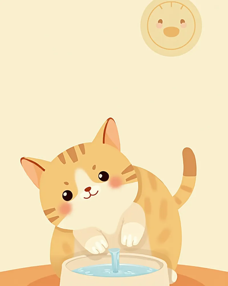 분수형 급수기에서 물을 마시는 건강한 고양이 일러스트