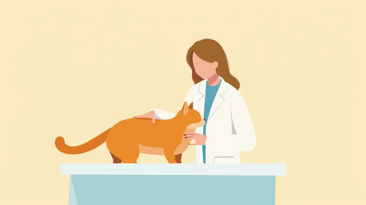 고양이의 갈비뼈를 만져 체형을 확인하는 수의사의 손