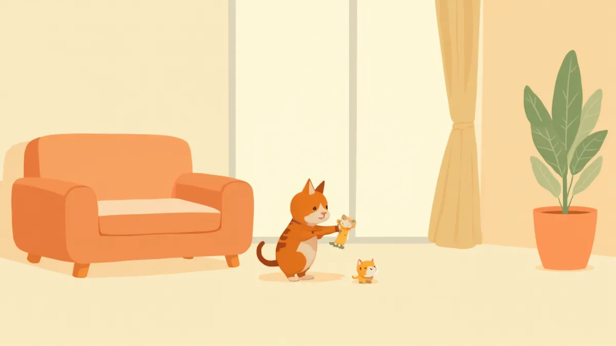 보호자 발밑에 장난감을 놓는 고양이 일러스트