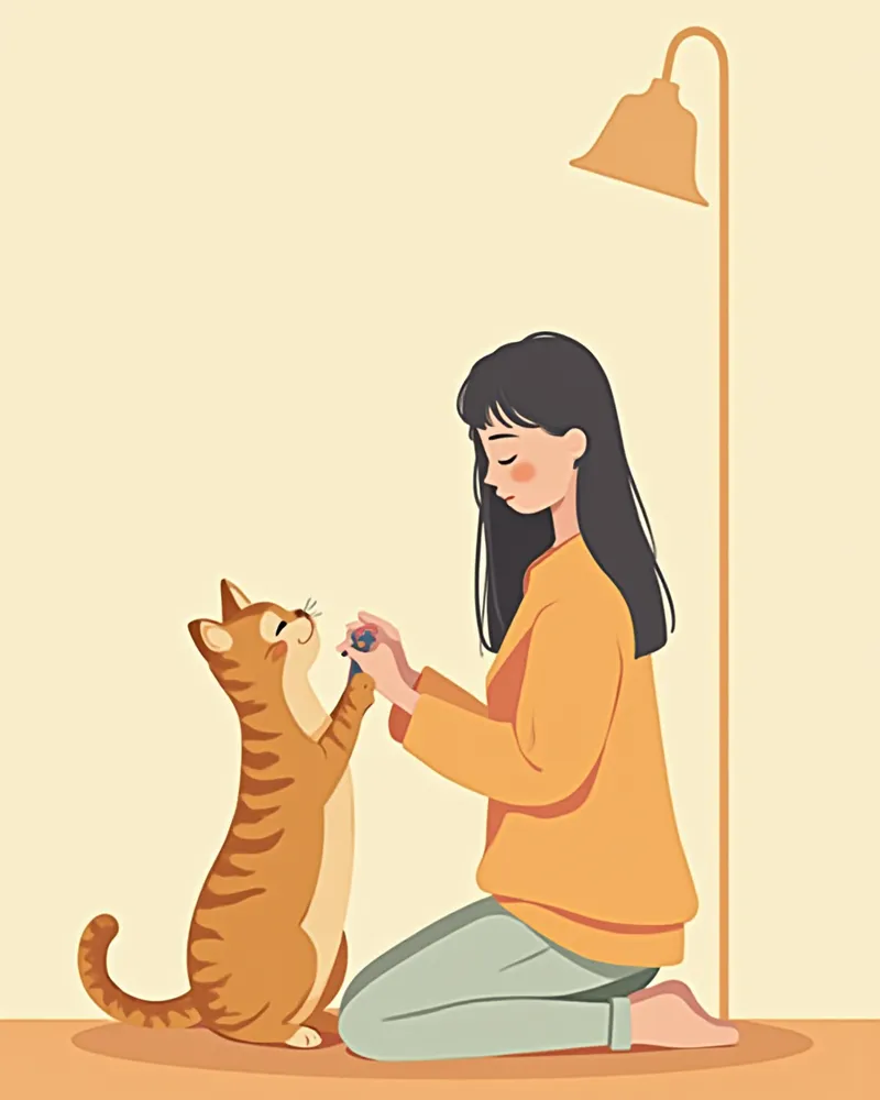 사냥감을 가져온 고양이를 부드럽게 쓰다듬는 보호자