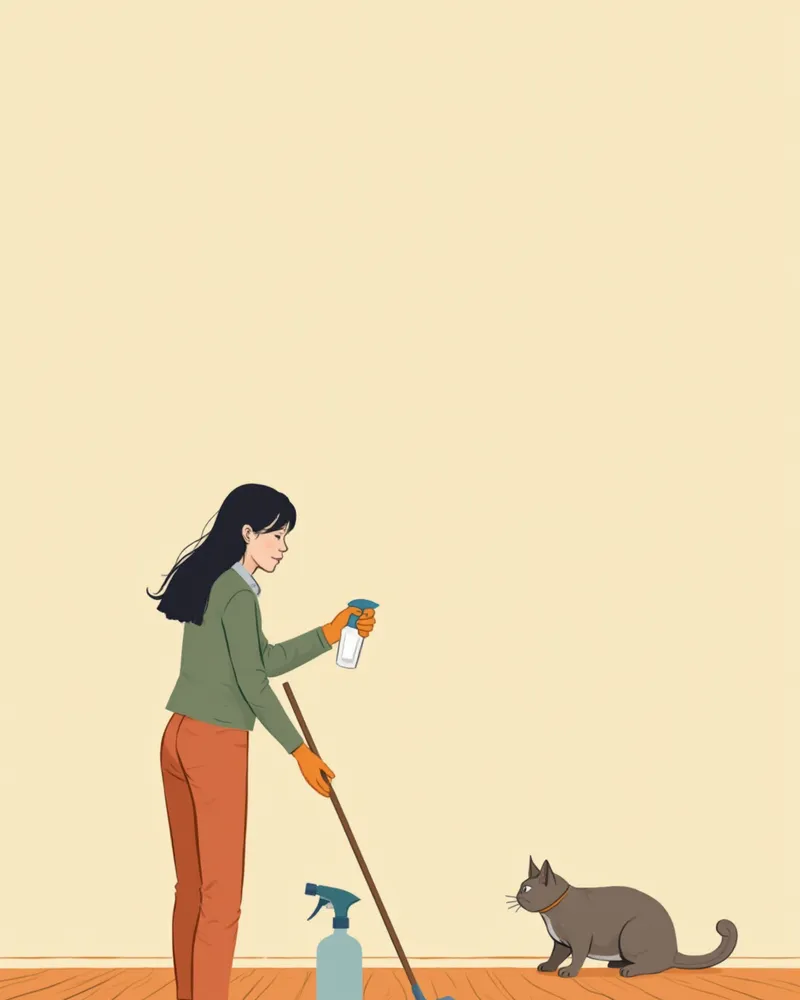 장갑을 끼고 바닥을 닦는 사람과 옆에서 지켜보는 고양이