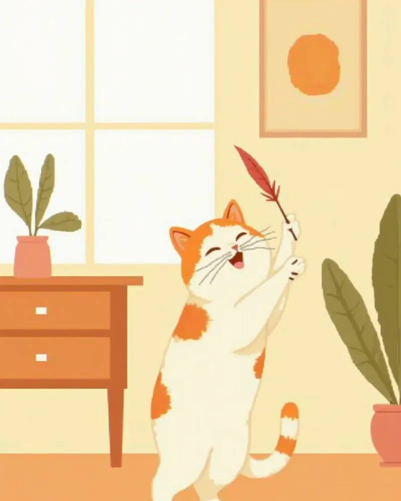 낚싯대 장난감을 향해 덮치는 고양이의 역동적인 모습