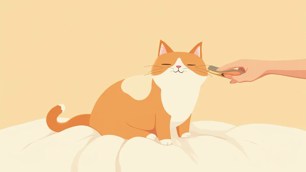 보호자가 부드럽게 빗질해주는 동안 편안하게 앉아 있는 고양이