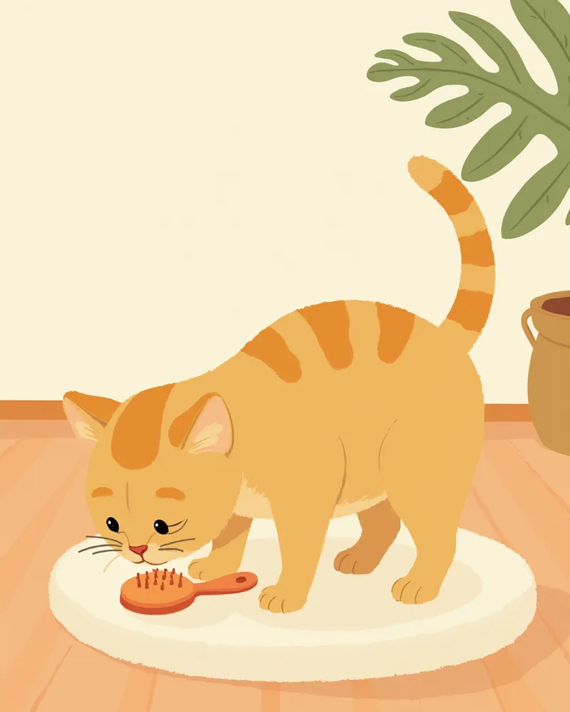 바닥에 놓인 고무 브러시를 조심스럽게 살펴보는 고양이