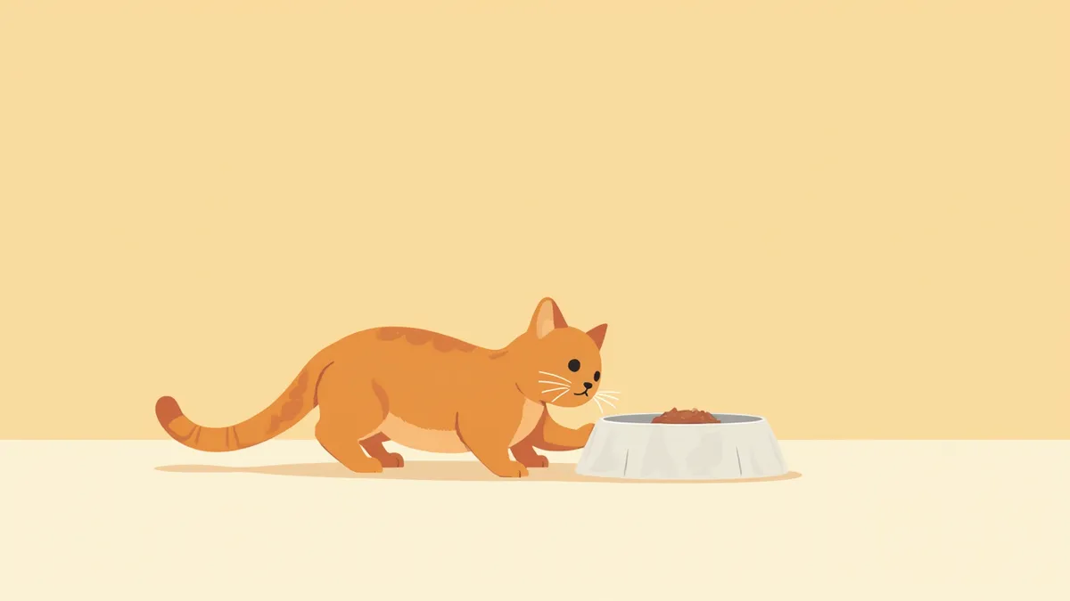 밥그릇 옆에서 바닥을 덮는 동작을 하는 고양이